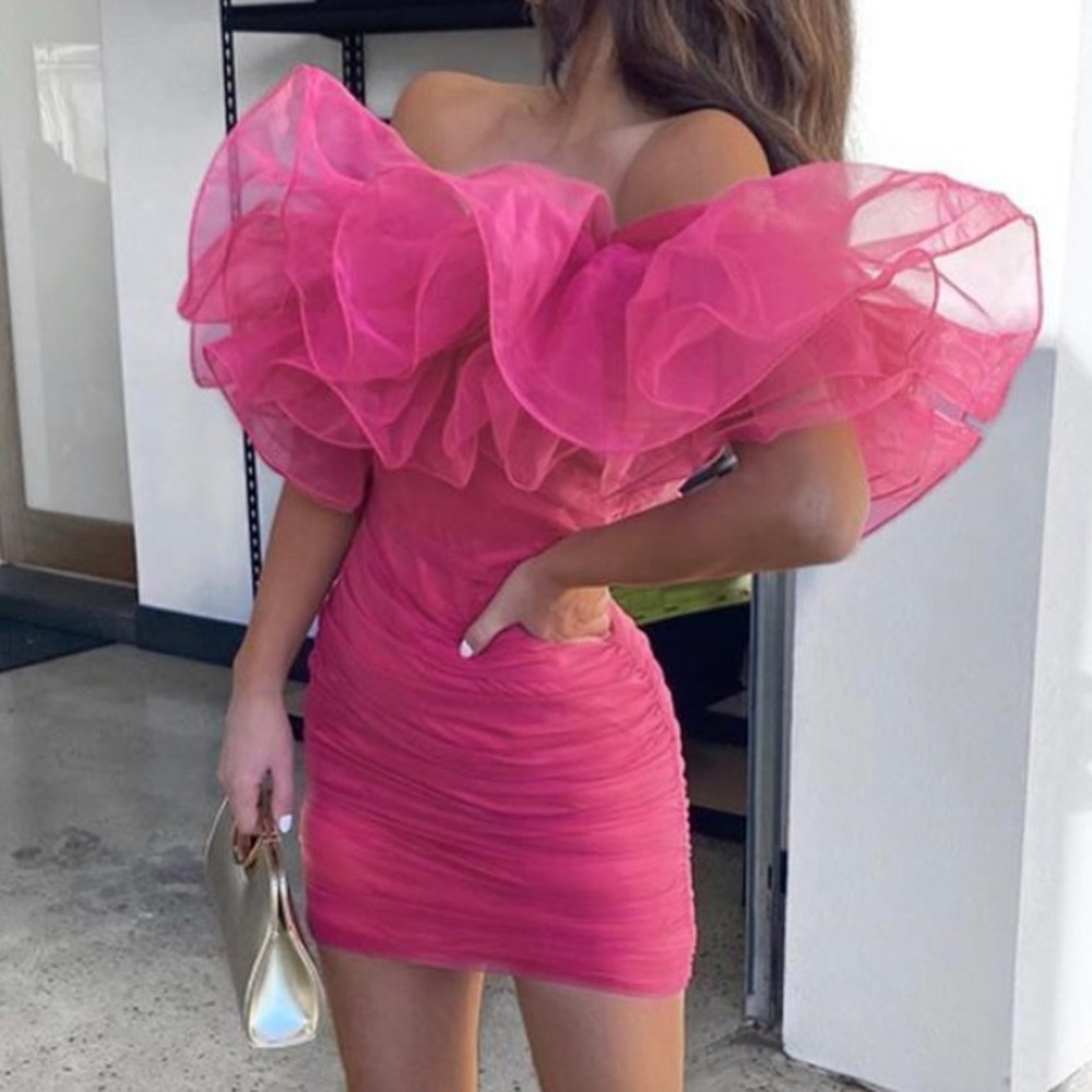 Organza Pink One Shoulder Dress.